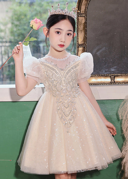 Fashion Champagne O-Neck Patchwork Sequins Tulle Kids Long Dresses Summer XZ041