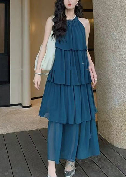 Fashion Coffee O Neck Layered Wrinkled Patchwork Chiffon Dresses Sleeveless XX020