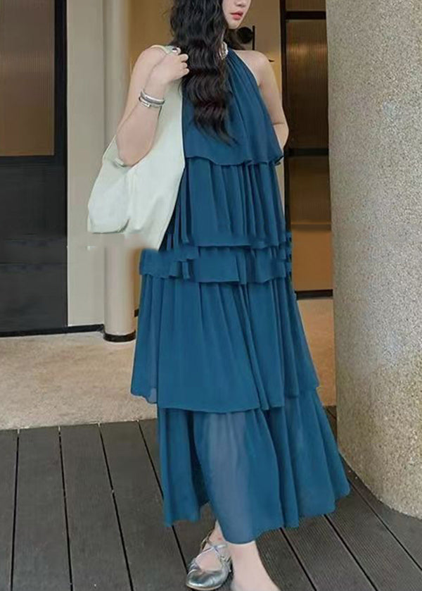 Fashion Coffee O Neck Layered Wrinkled Patchwork Chiffon Dresses Sleeveless XX020