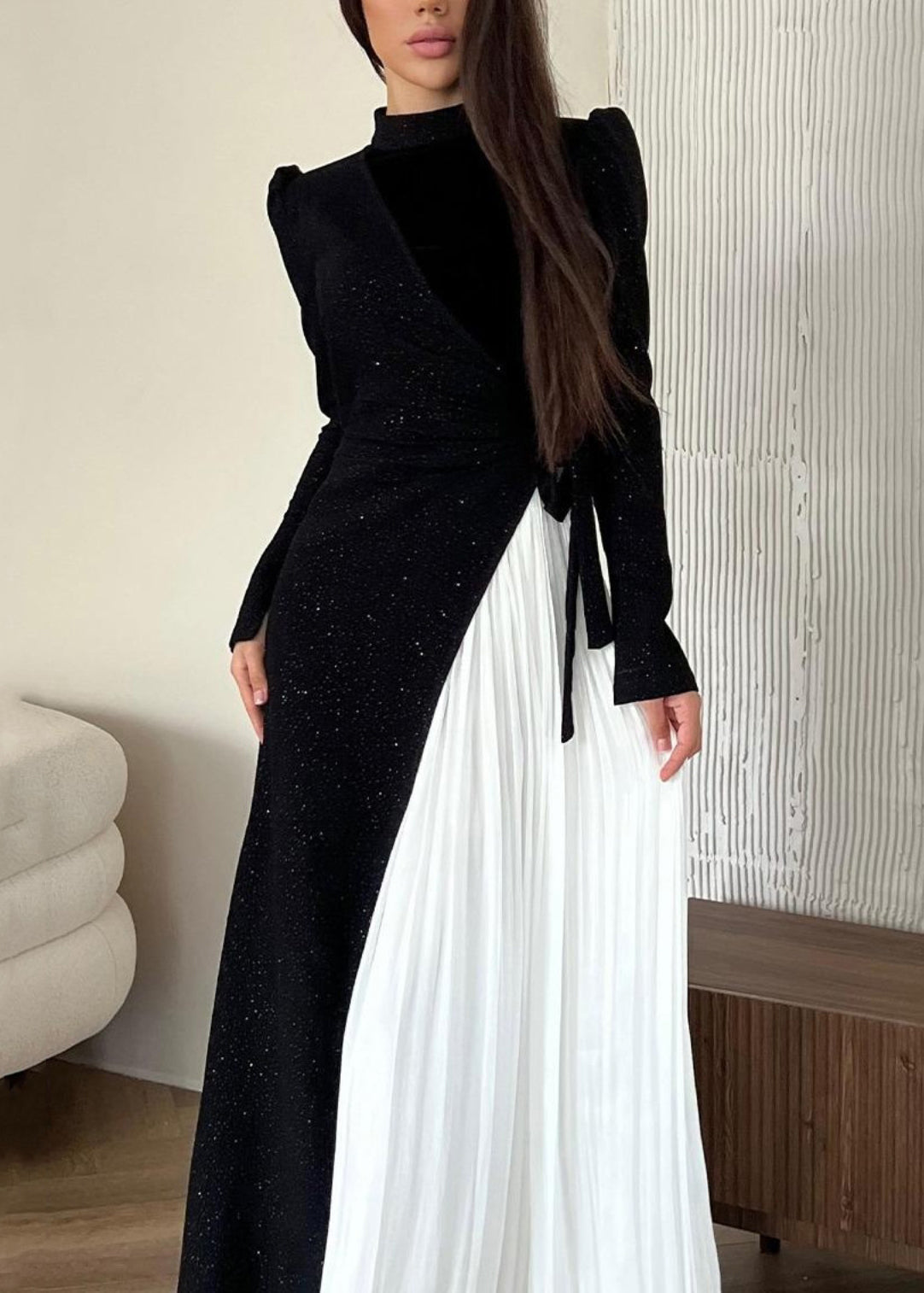 Fashion Colorblock Patchwork Wrinkled Fake Two Piece Dress WO053