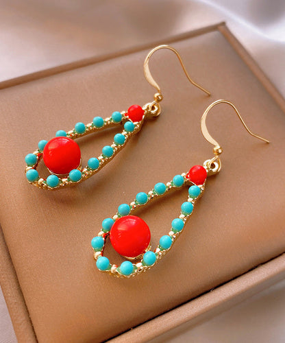 Fashion Colorblock Sterling Silver Overgild Inlaid Turquoise Agate Water Drop Drop Earrings ZZ010