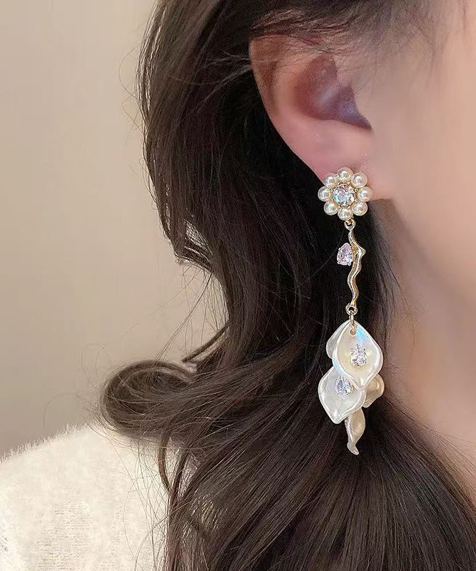 Alloy Zircon Pearl Drop Earrings Fashion Tassel Gold Floral