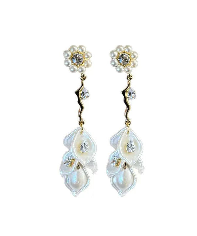 Alloy Zircon Pearl Drop Earrings Fashion Tassel Gold Floral