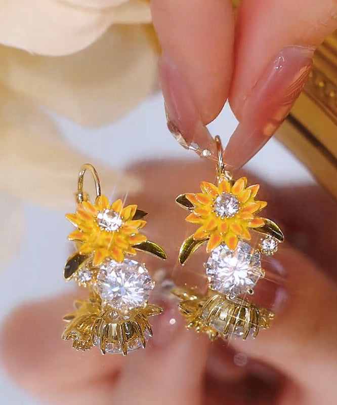 Zircon Overgild Drop Copper Gold Fashion Earrings Sunflower
