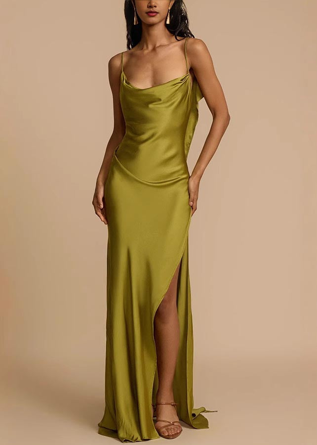 Fashion Silk Backless Green Side Cami Summer Dress Open