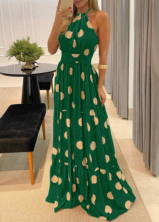 Maxi Fashion Dot Halter Sleeveless Backless Print Dress Green