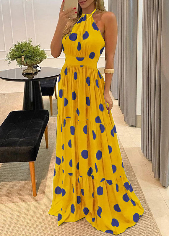 Maxi Fashion Dot Halter Sleeveless Backless Print Dress Green