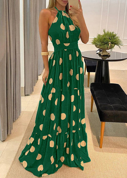 Maxi Fashion Dot Halter Sleeveless Backless Print Dress Green