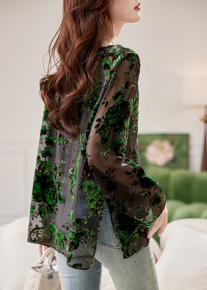 Shirts Floral O-Neck Chiffon Fashion Spring Green