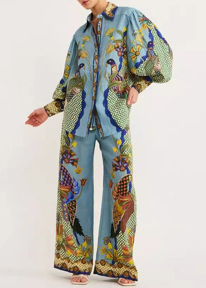 Green Shirts Fashion Print And Leg Peter Pants Wide Pan Collar