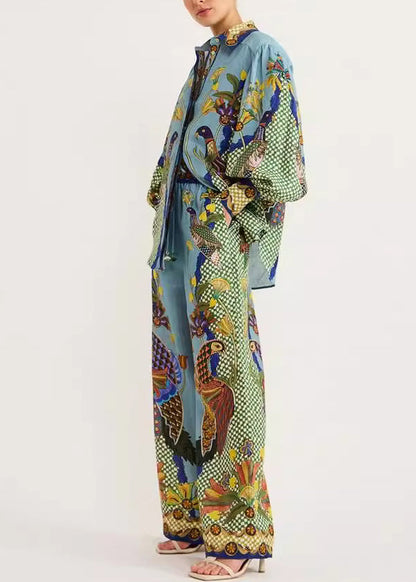 Green Shirts Fashion Print And Leg Peter Pants Wide Pan Collar