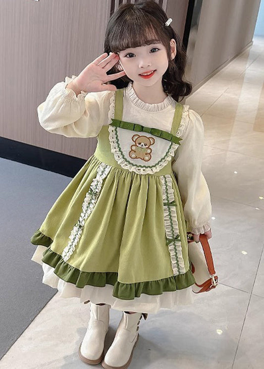 Fashion Green Stand Collar Print Girls Long Dresses Puff Sleeve YE028