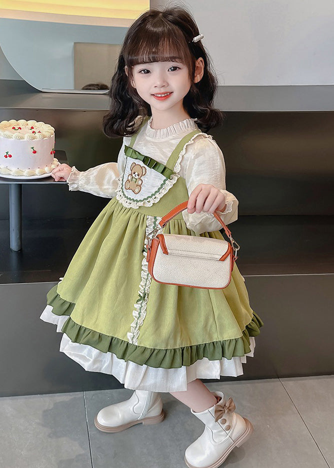 Fashion Green Stand Collar Print Girls Long Dresses Puff Sleeve YE028