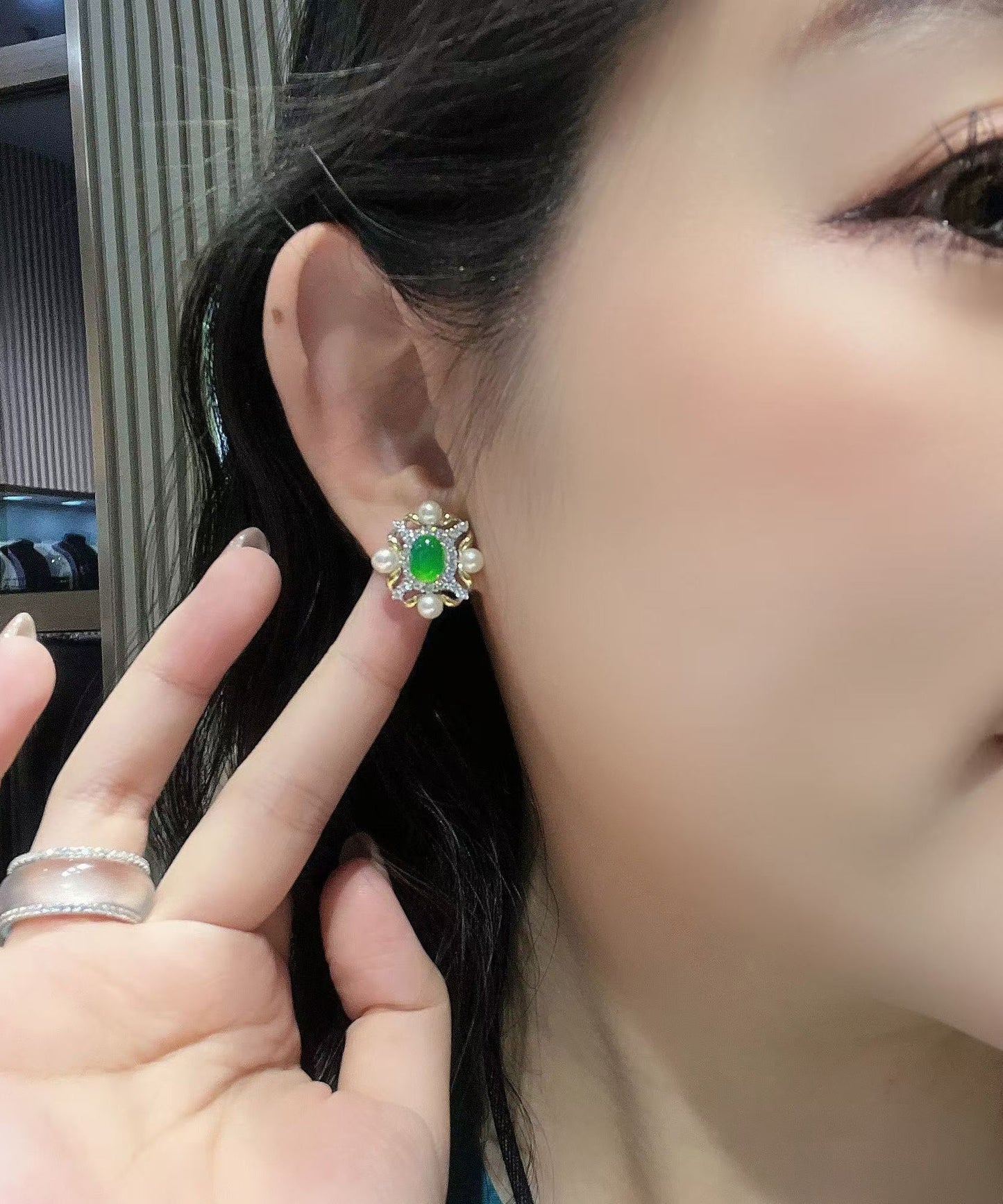 Fashion Green Sterling Silver Overgild Zircon Jade Pearl Stud Earrings AC1081