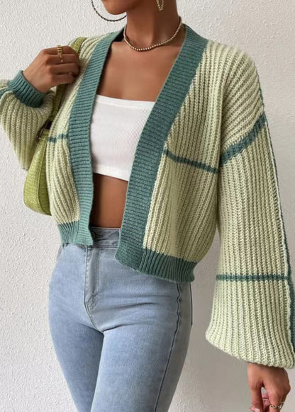 Mode Grün Gestreift Strick Kurze Strickjacke Herbst QY013