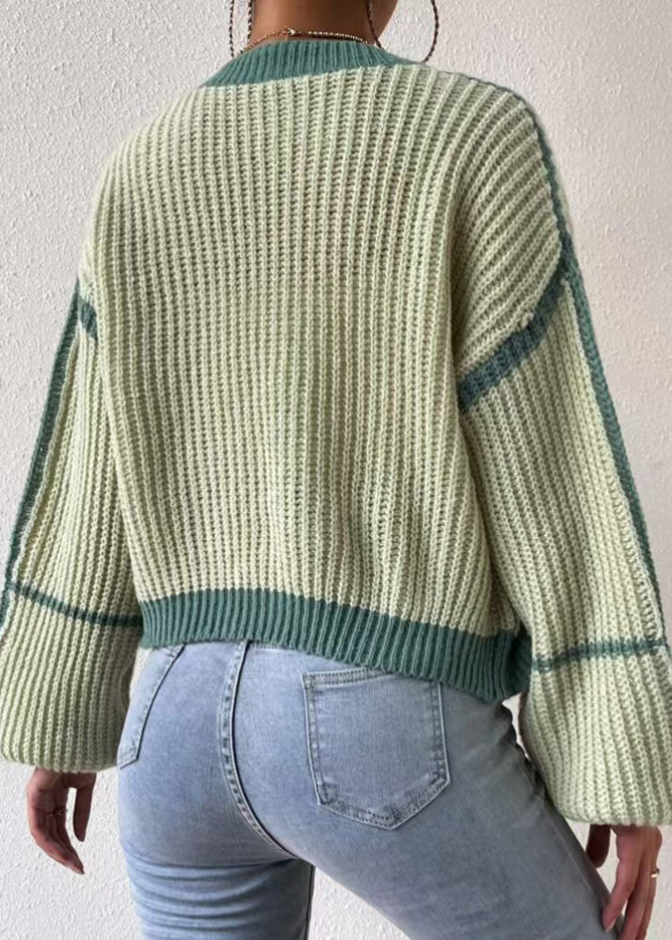 Mode Grün Gestreift Strick Kurze Strickjacke Herbst QY013