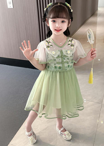 Fashion Green V Neck Embroideried Patchwork Tulle Girls Long Dresses Summer MN031