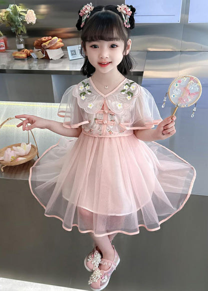 Fashion Green V Neck Embroideried Patchwork Tulle Girls Long Dresses Summer MN031