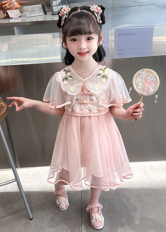 Fashion Green V Neck Embroideried Patchwork Tulle Girls Long Dresses Summer MN031