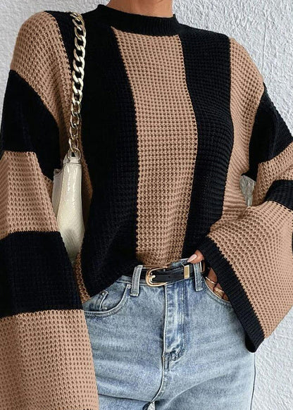 Mode Khaki O Neck Striped Frauen Stricken Pullover Herbst QY007