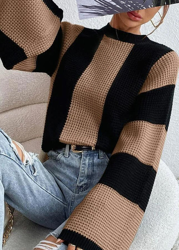 Mode Khaki O Neck Striped Frauen Stricken Pullover Herbst QY007