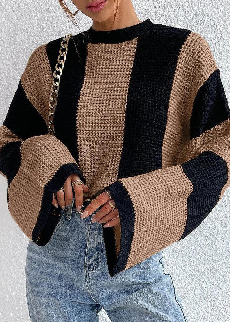 Mode Khaki O Neck Striped Frauen Stricken Pullover Herbst QY007