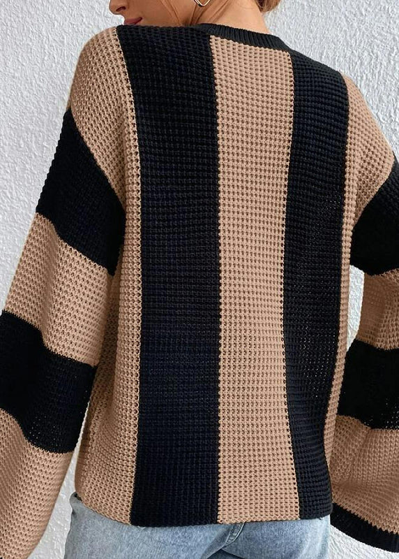 Mode Khaki O Neck Striped Frauen Stricken Pullover Herbst QY007