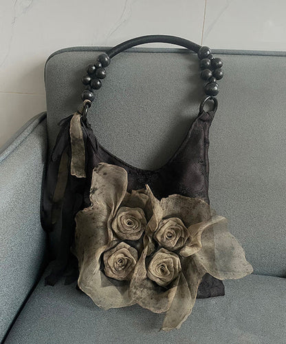 Modische Handtasche aus Baumwolle in Khaki mit Batikmuster und Blumenmuster QF010