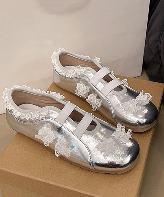 Silver Shoes Fashion Lace Splicing Flat Faux Leather