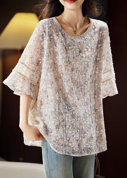 Fashion Light Coffee O-Neck Embroidered Shirts Butterfly Sleeve WW030