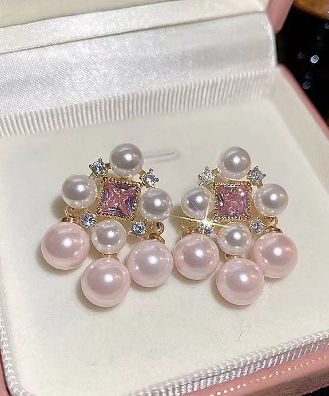 Zircon Light Alloy Hollow Fashion Pearl Stud Pink Earrings Out
