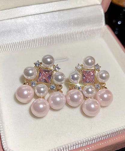 Zircon Light Alloy Hollow Fashion Pearl Stud Pink Earrings Out