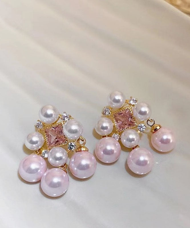 Zircon Light Alloy Hollow Fashion Pearl Stud Pink Earrings Out