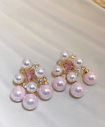 Zircon Light Alloy Hollow Fashion Pearl Stud Pink Earrings Out