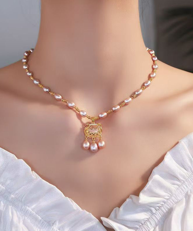 Light Purple Lock Safe Overgild Sterling Silver Fashion Pearl
