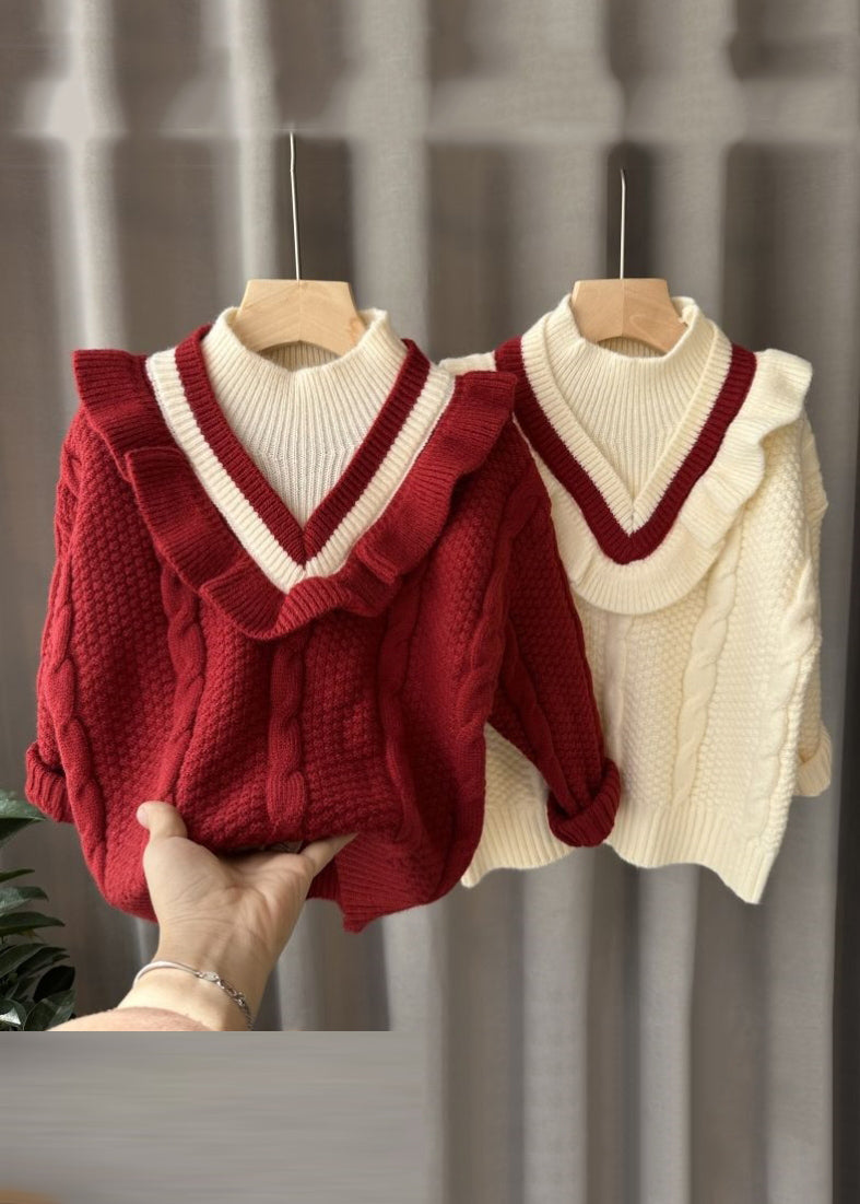 Fashion Mulberry Turtleneck Patchwork Fake Two Pieces Cotton Knit Kids Sweater Winter WL043