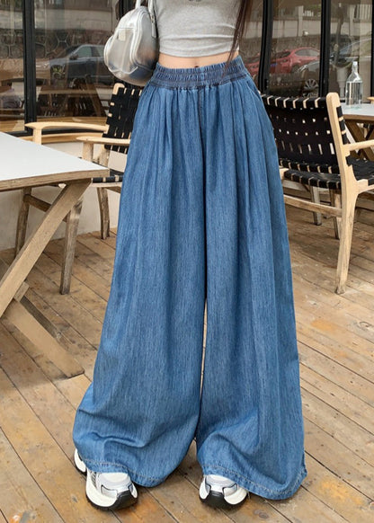 Pants Denim Summer Leg Navy Wide Waist Elastic Fashion