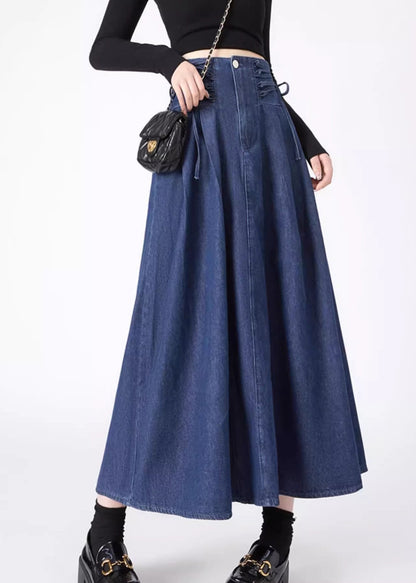 Maxi Spring Skirts Navy Fashion Patchwork Tie Waist Denim