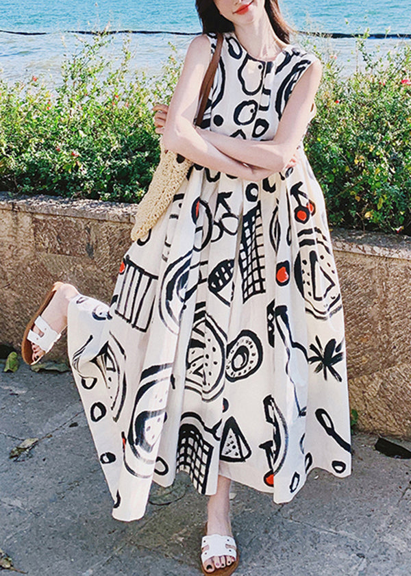 Graffiti Dress Neck O Fashion Sleeveless Cotton Print Long