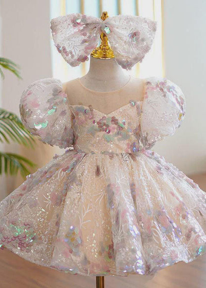 Fashion O-Neck Sequins Patchwork Tulle Kids Maxi Dress Summer YS018
