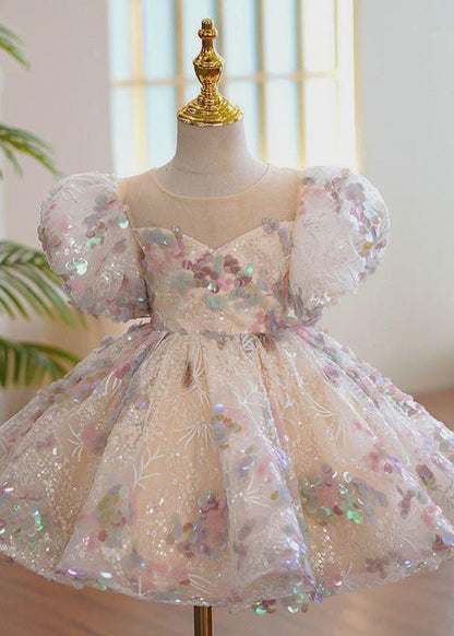 Fashion O-Neck Sequins Patchwork Tulle Kids Maxi Dress Summer YS018