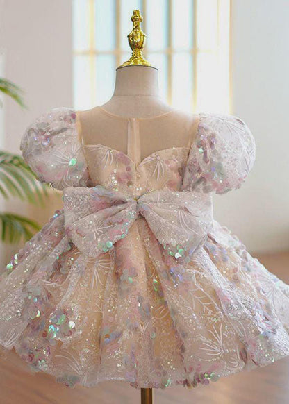 Fashion O-Neck Sequins Patchwork Tulle Kids Maxi Dress Summer YS018