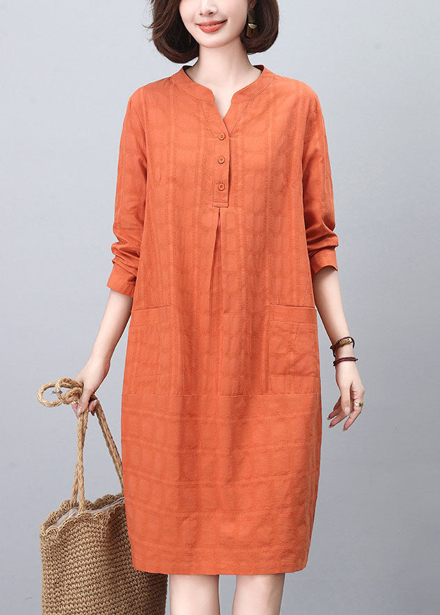 Cotton Collar Orange Dresses Mid Stand Fashion Spring