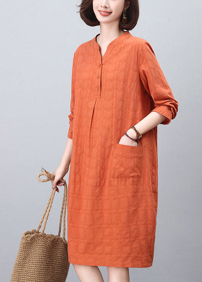 Fashion Spring Collar Cotton Mid Orange Stand Dresses