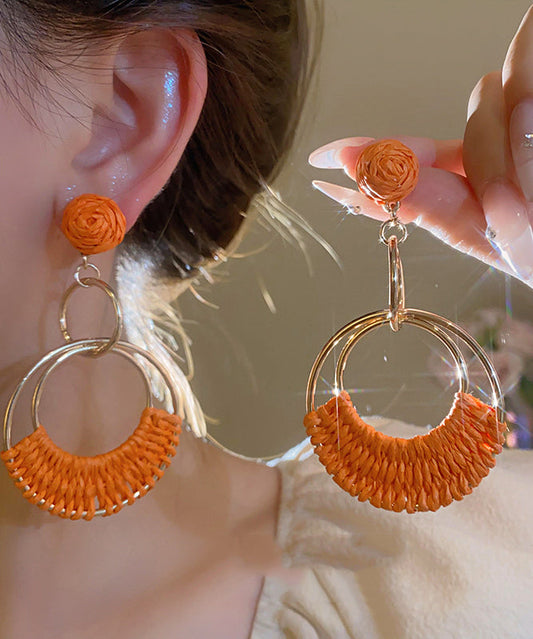 Fashion Orange Sterling Silver Alloy Straw Plaited Article Drop Earrings AB1084