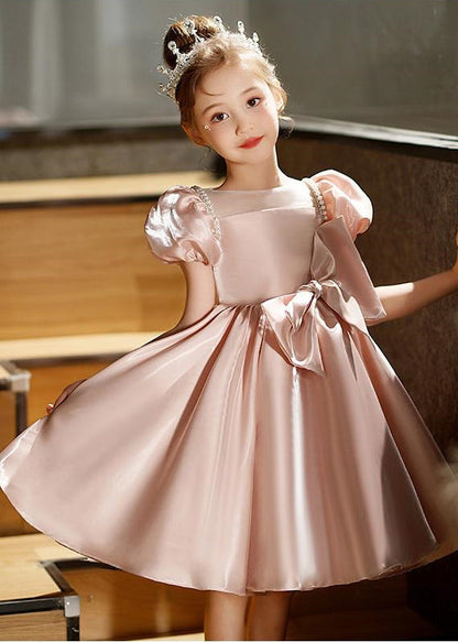 Fashion Pink O-Neck Bow Girls Silk Mid Dresses Puff Sleeve QV012