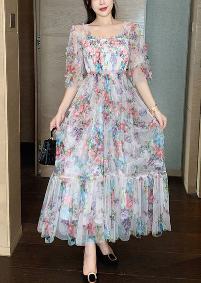 Robe de vacances en tulle à imprimé patchwork à volants rose tendance été XX064