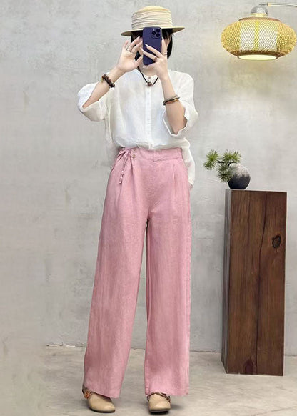 Fashion Pink Pants Linen Waist Summer Side Tie