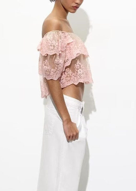 Top Ruffled Neck Summer Embroidered Slash Fashion Pink Tulle