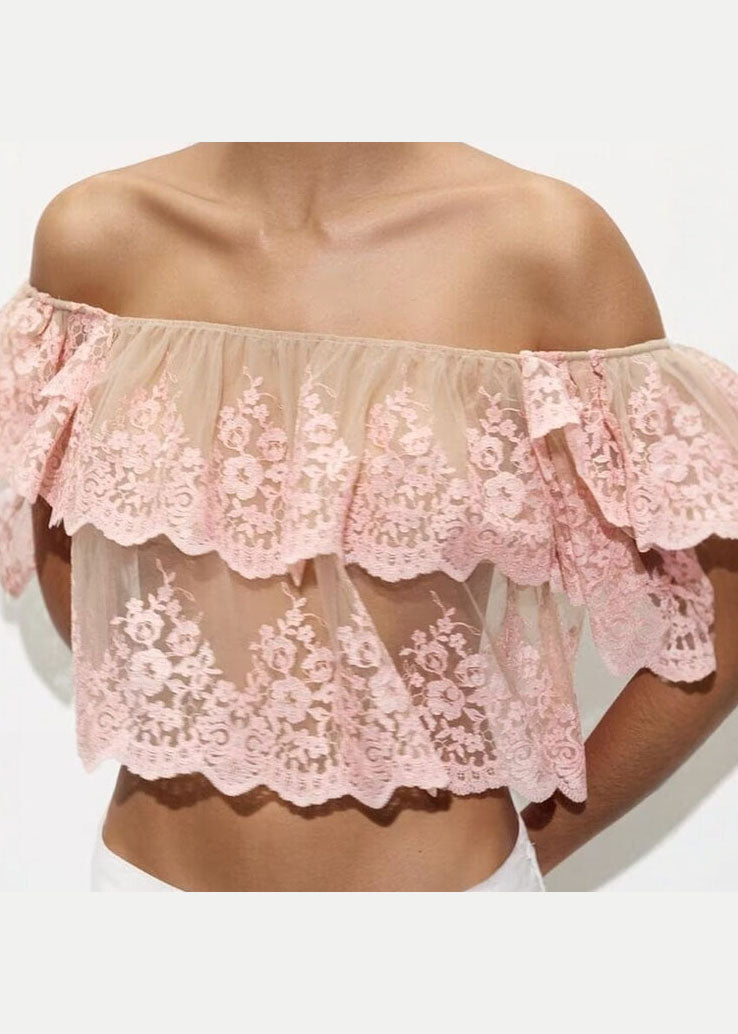 Top Ruffled Neck Summer Embroidered Slash Fashion Pink Tulle